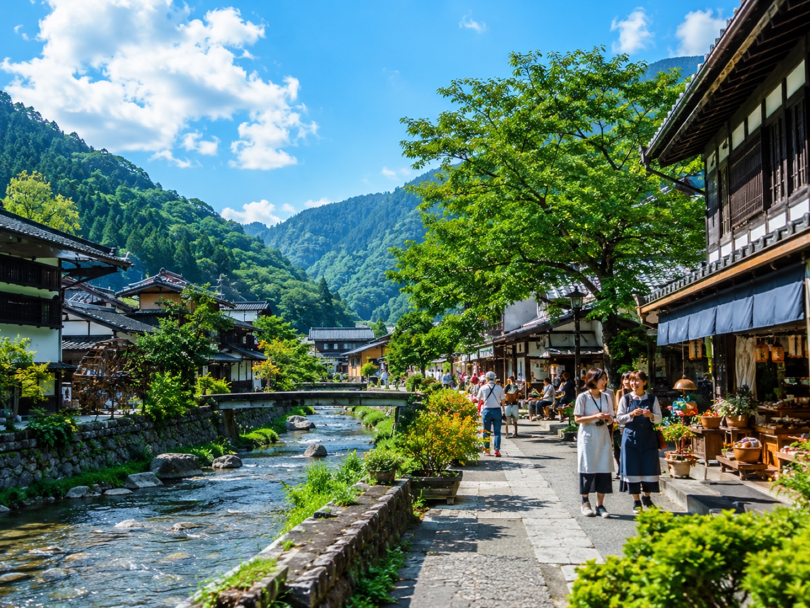 山あいの川沿いに広がる日本の地方の街並み